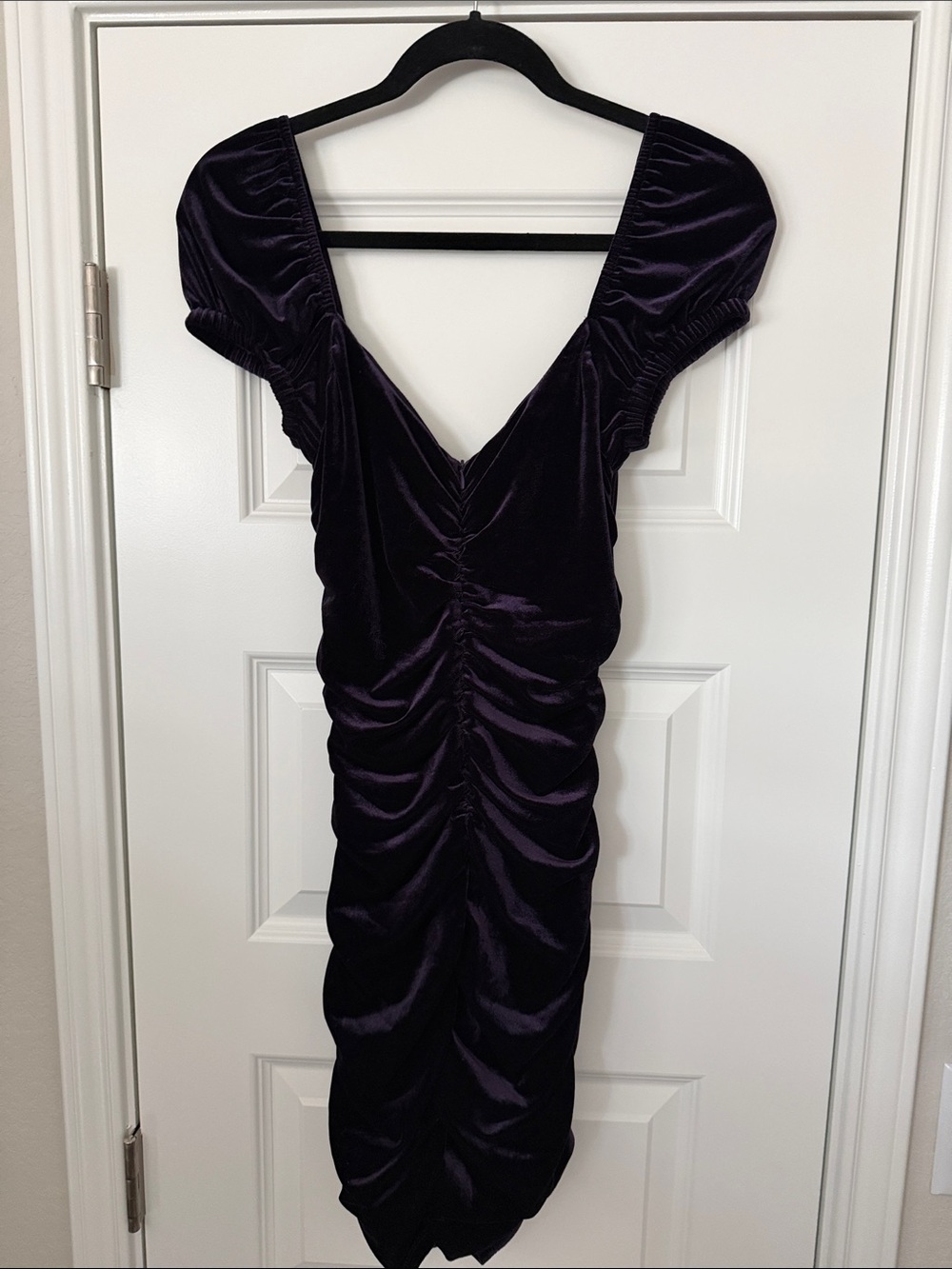 V-Neck Ruched Velvet Midi Dress in Plum